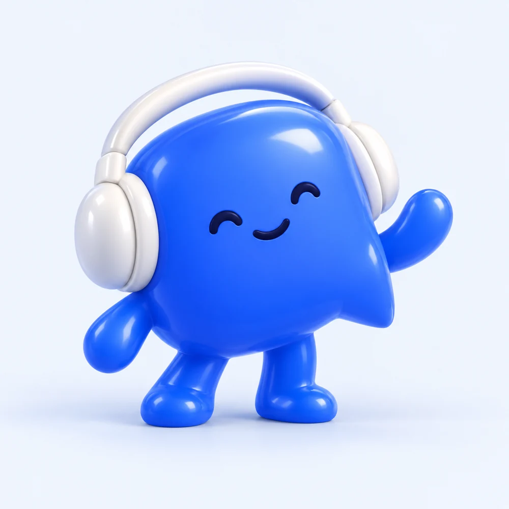 A cheerful blue chat-bubble character wearing white headphones